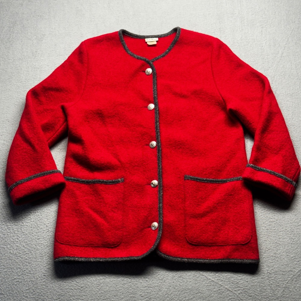 LL Bean Boiled Wool Jacket Women Medium Red Austria Vintage Cardigan Coat 28in